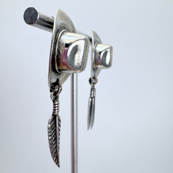 VTG Sterling Silver 925 Cowboy Hat Feather Dangle Earrings Size 2" Length - Picture 2 of 9